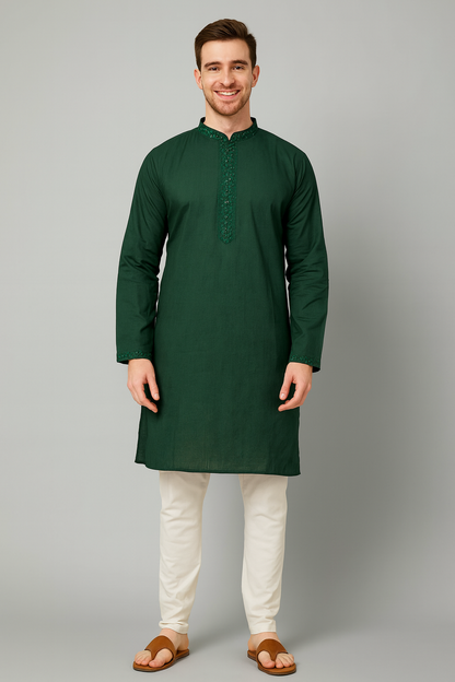 Men's  Mehndi Green Mirror Embroidery Kurta