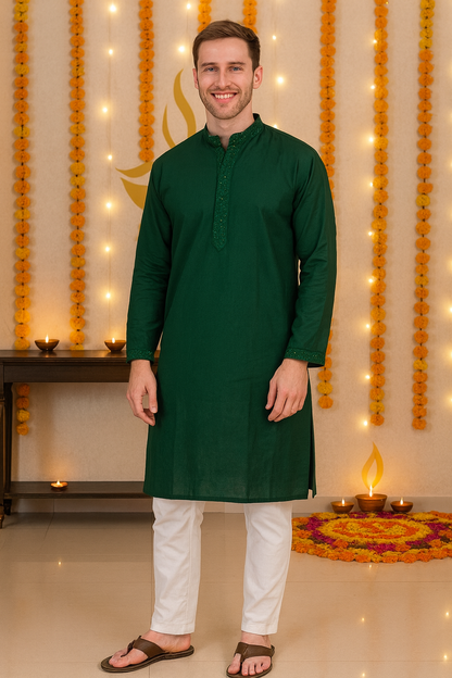 Men's  Mehndi Green Mirror Embroidery Kurta