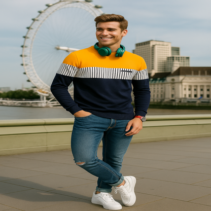 Men’s Yellow & Blue Color Block Full Sleeves T-Shirt | Cotton Blend Streetwear Casual Tee