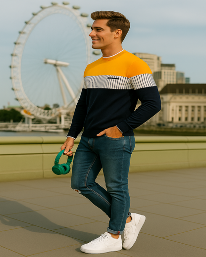 Men’s Yellow & Blue Color Block Full Sleeves T-Shirt | Cotton Blend Streetwear Casual Tee