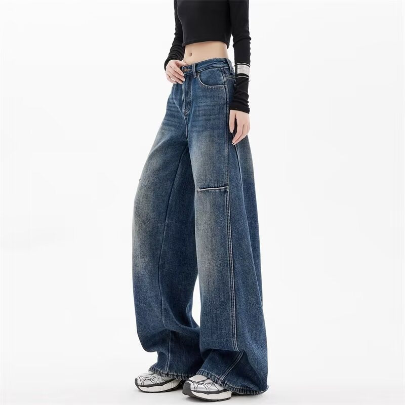 American Fashion Wide-Leg Denim Pants for Women, Loose Fit, Slimming, Floor-Length, Trendy Jeans
