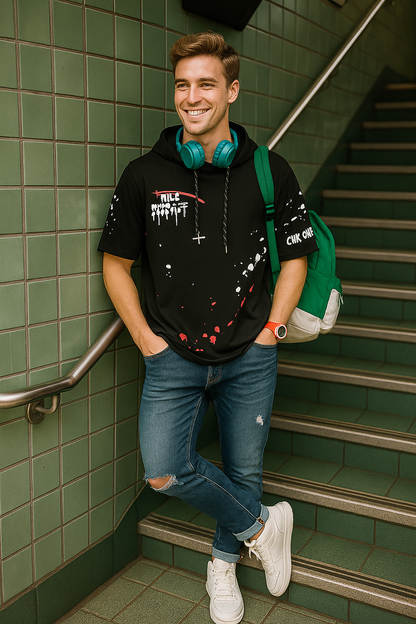 Men’s Black Cotton Graffiti Print Hooded T-Shirt – Half Sleeves Streetwear