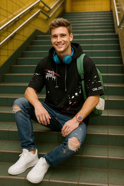 Men’s Black Cotton Graffiti Print Hooded T-Shirt – Half Sleeves Streetwear