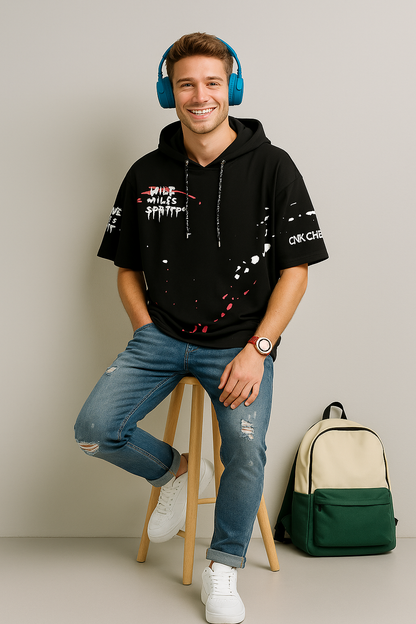 Men’s Black Cotton Graffiti Print Hooded T-Shirt – Half Sleeves Streetwear