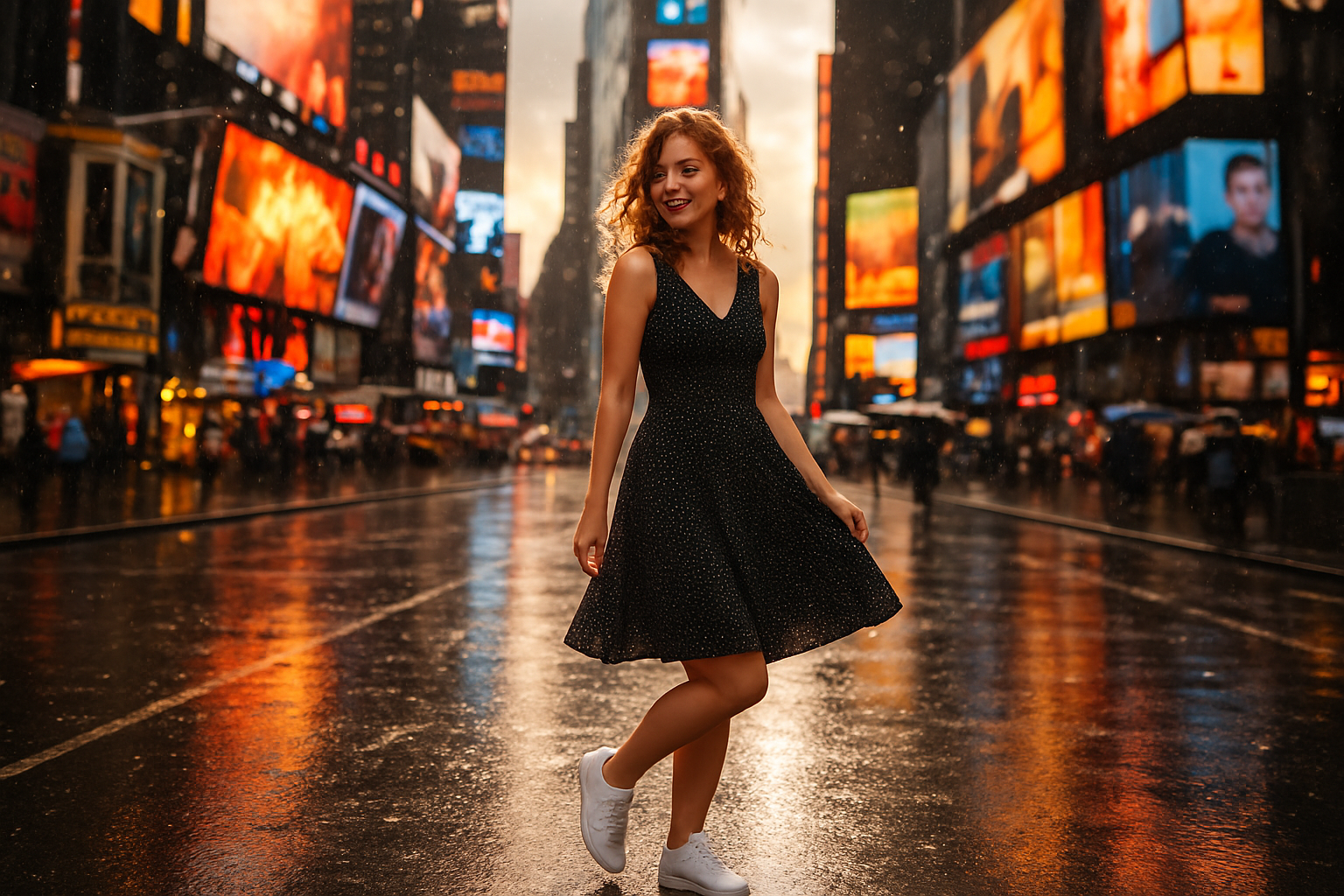 An american white beautiful woman is wearing this dress with white sporty sneakers and standing in front of new york's time square in rainy and sunny afternoon while smiling in a playful mood