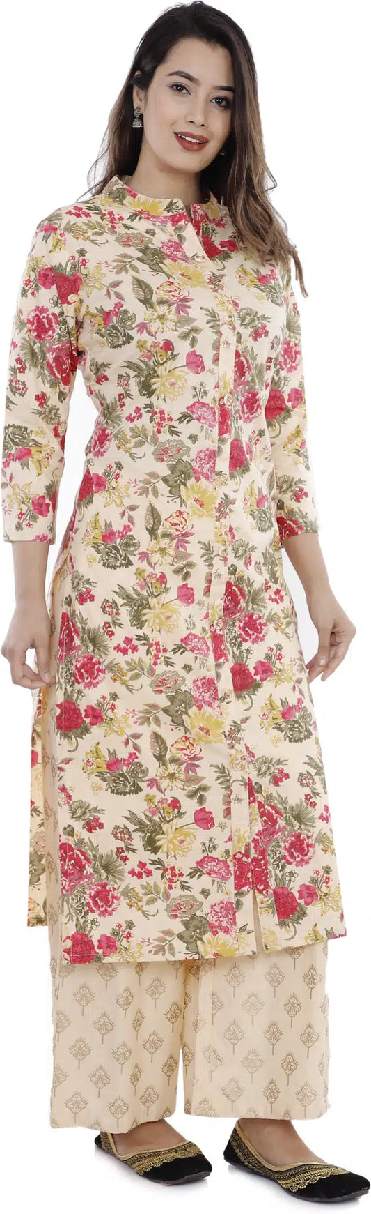 Women Cream Printed Cotton Kurti