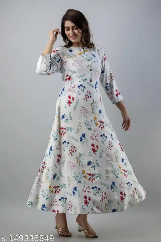 Women Printed Anarkali Rayon Kurti in White & Blue