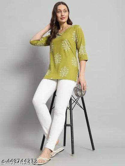 Women Green Printed Rayon Short Kurti
