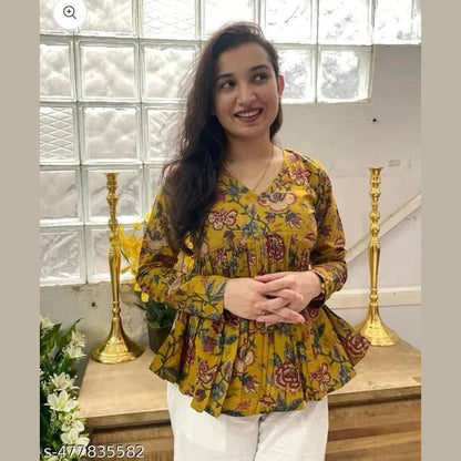Women Floral Vibe Mustard Empire Cut Rayon Top