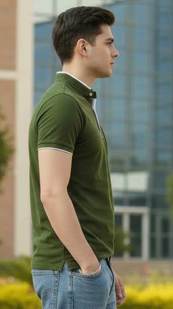 Men’s Olive Cotton Mandarin Collar T-Shirt – Casual Wear, Short Sleeves, Soft Comfort