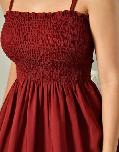 Women’s Maroon Smocked Midi Dress | Elegant Casual Summer Dress