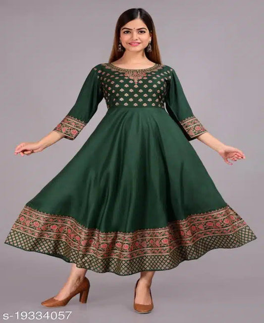 Women Printed Rayon Anarkali Dark Green Kurti