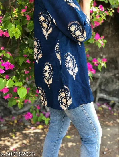 Women Blue Block Print Rayon Kurti