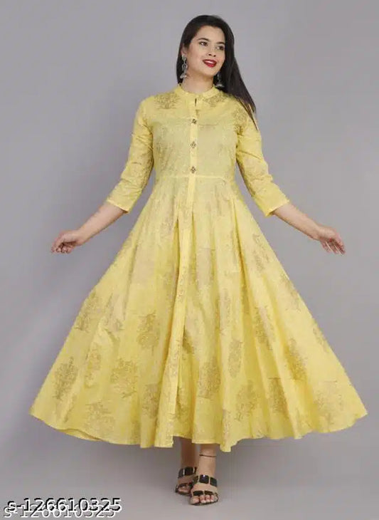 Women Anarkali Rayon Printed Yellow Kurti