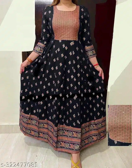 Women Janki Anarkali Printed Black Rayon Festive Jaipuri Kurti
