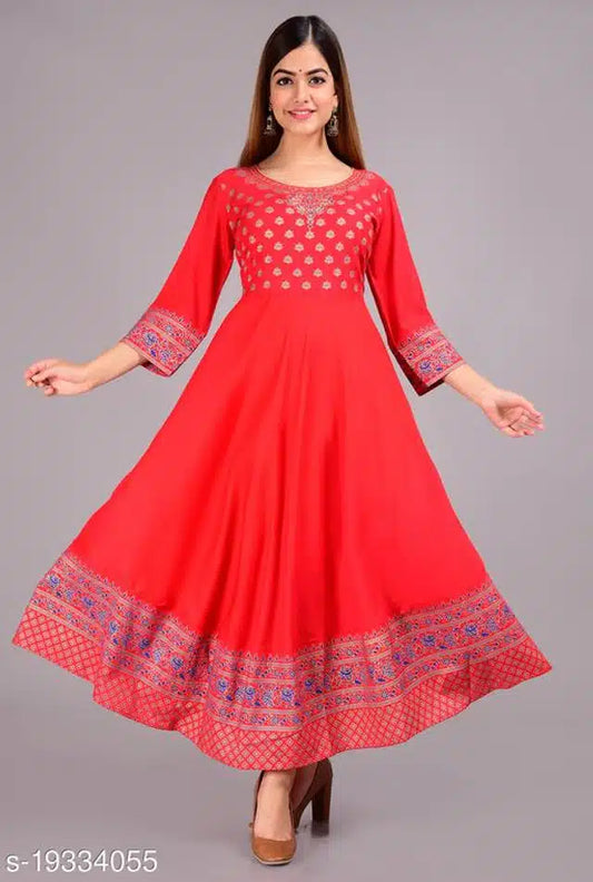 Women Printed Rayon Anarkali Red Kurti