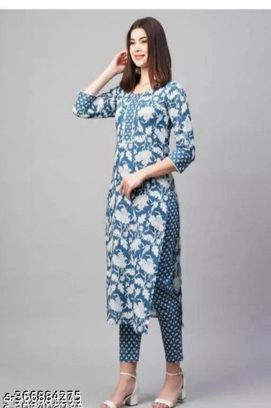 Women Cotton Printed Multicolour Pant Kurti Set