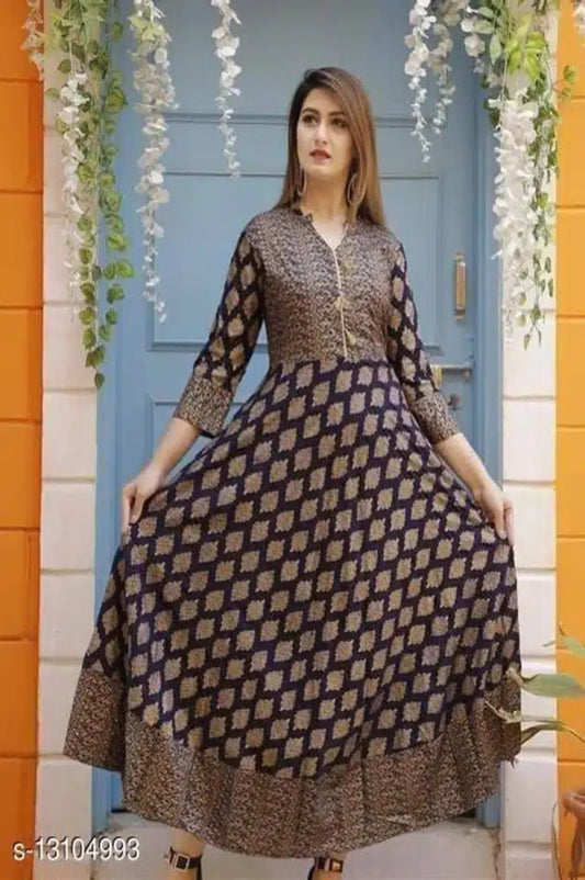 Women Printed Rayon Anarkali Festive & Celebration Navy Kurti