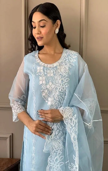 Woman wearing a light blue embroidered outfit with a sheer dupatta in an indoor setting.
