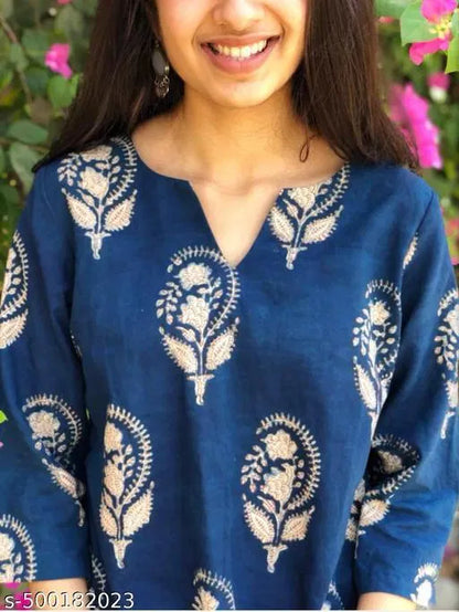 Women Blue Block Print Rayon Kurti