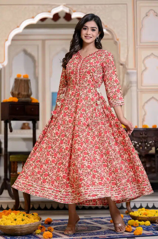 Women Printed Anarkali Red Cotton Kurti