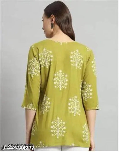 Women Green Printed Rayon Short Kurti
