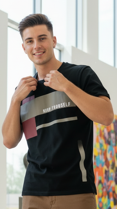 Men’s Black Printed Striped Round Neck T-Shirt – Cotton Blend, Regular Fit, Short Sleeves