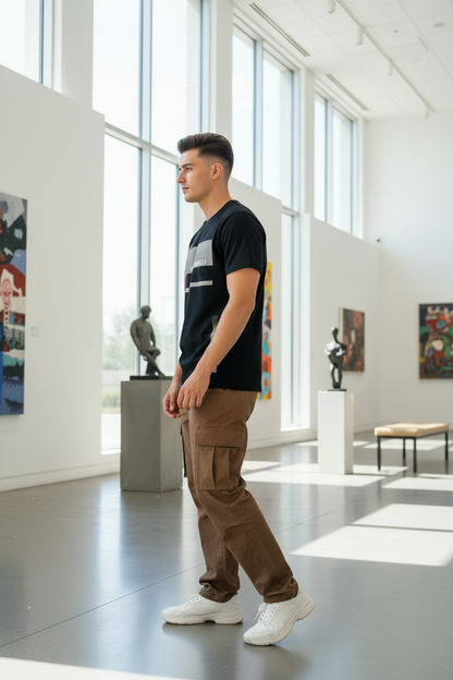 Men’s Black Printed Striped Round Neck T-Shirt – Cotton Blend, Regular Fit, Short Sleeves