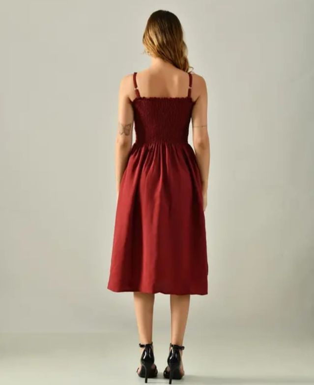 Women’s Maroon Smocked Midi Dress | Elegant Casual Summer Dress