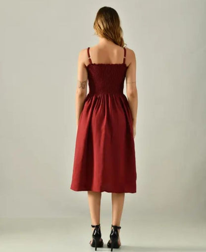 Women’s Maroon Smocked Midi Dress | Elegant Casual Summer Dress