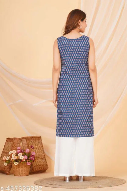 Women Blue Printed Cotton Sleeveless Kurti