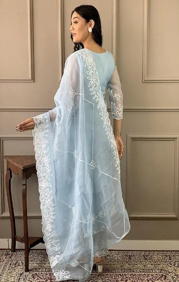 Woman wearing a light blue embroidered outfit in an elegant room.