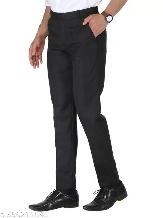 Men's Black Blended Cotton Formal Trousers