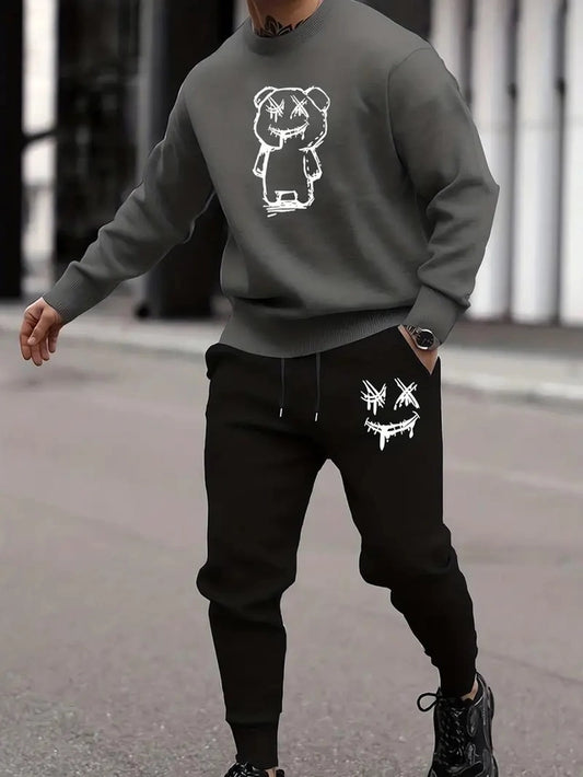 Men's Fleece Printed Black & Grey Track Suit
