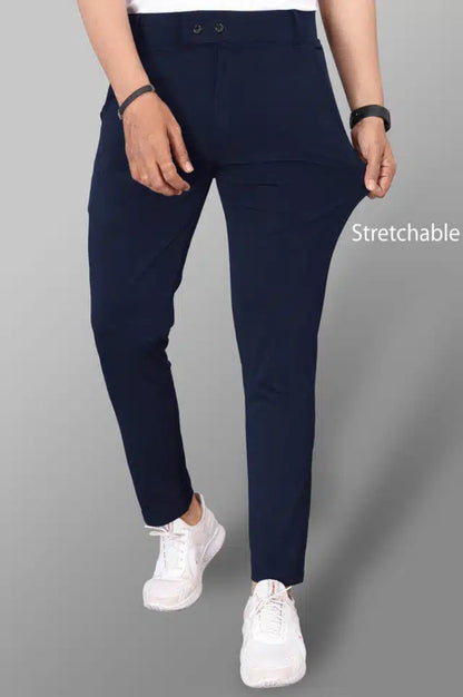 Men's Lycra Blend Stretchable Navy Blue Trousers