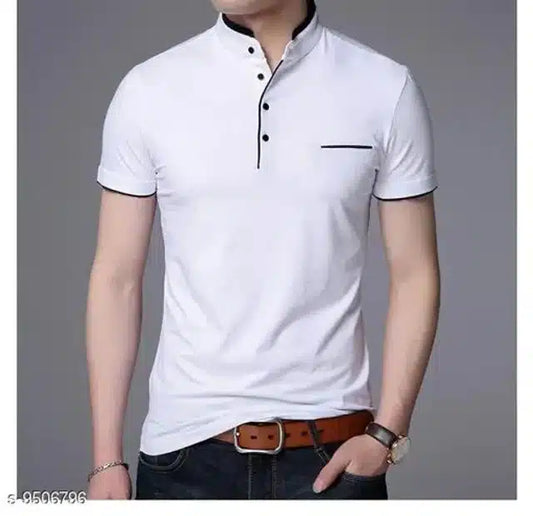 Men’s White Slim Fit Mandarin Collar T-Shirt – Cotton, Short Sleeves, Solid Casual Wear