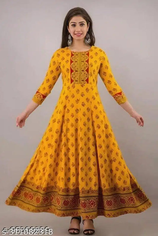 Women Printed Rayon Anarkali Festive & Celebration Orange Kurti