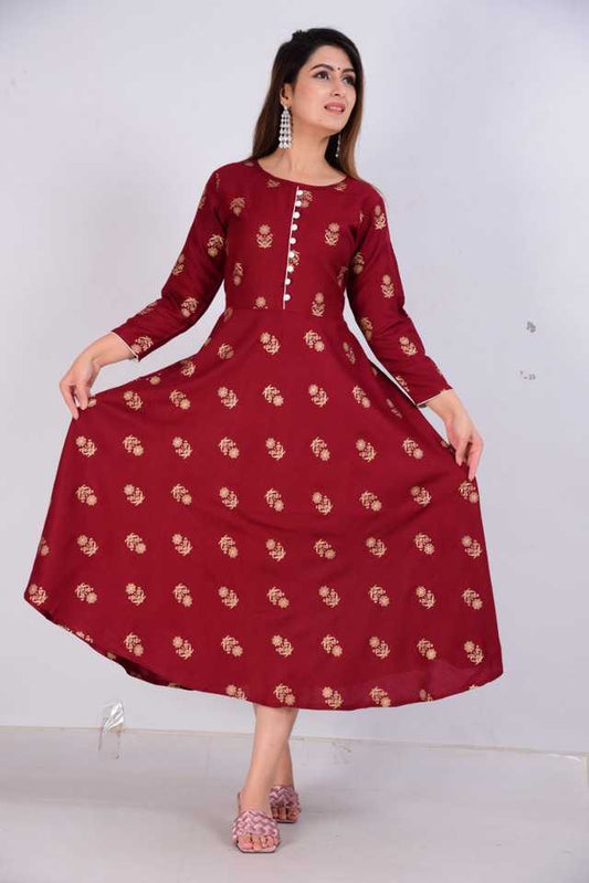 Women Rayon Printed Maroon Kurti (AE-105)