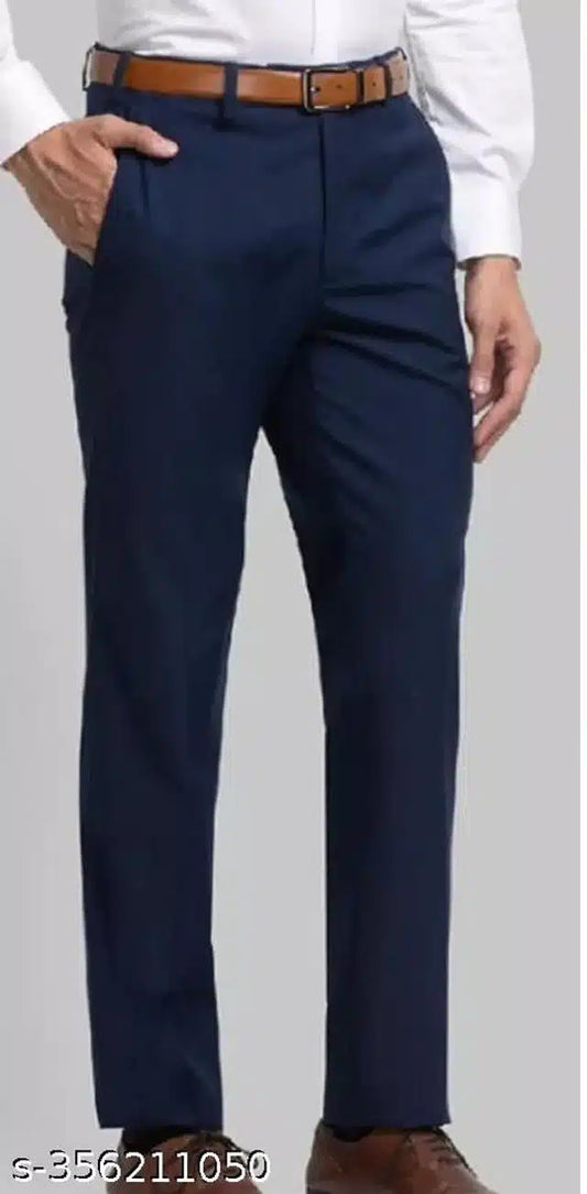 Men's Navy Blue Blended Cotton Formal Trousers