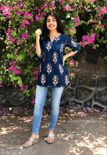 Women Blue Block Print Rayon Kurti