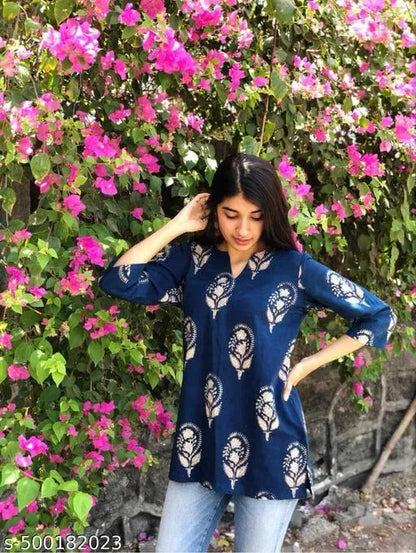 Women Blue Block Print Rayon Kurti