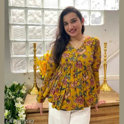 Women Floral Vibe Mustard Empire Cut Rayon Top