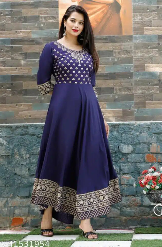 Women Printed Rayon Anarkali Blue Festive & Celebration Kurti