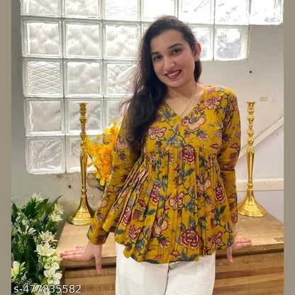 Women Floral Vibe Mustard Empire Cut Rayon Top