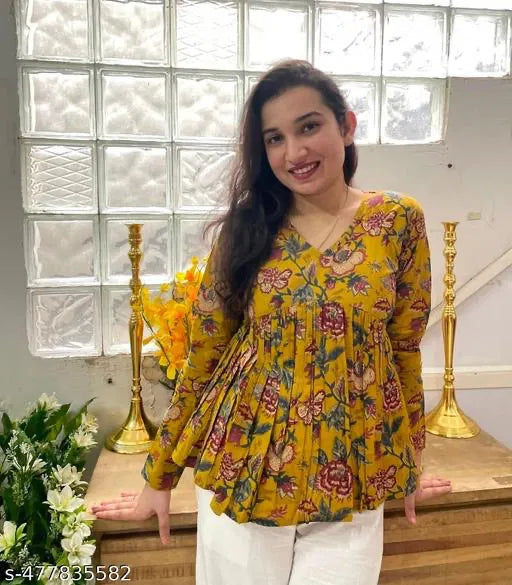 Women Floral Vibe Mustard Empire Cut Rayon Top