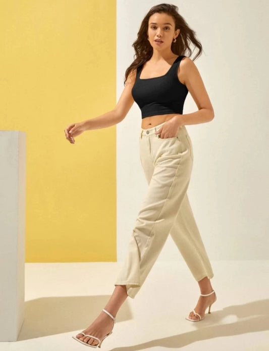 Women Cotton Blend Solid Black Crop Top | Tank Top