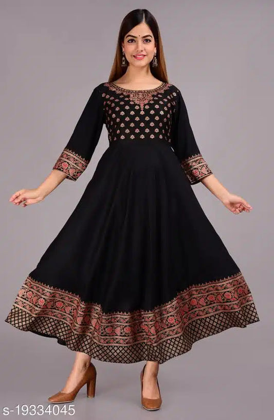 Women Printed Rayon Anarkali Black Kurti