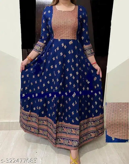 Women Janki Anarkali Printed Royal Blue Rayon Festive Jaipuri Kurti