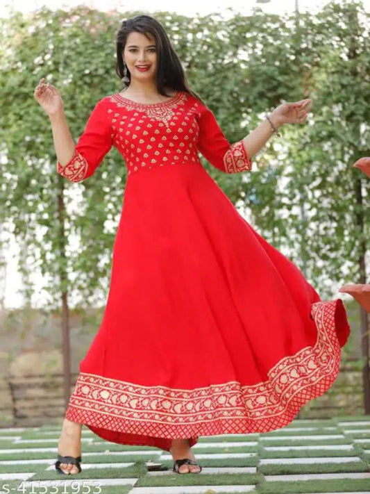 Women Printed Rayon Anarkali Red Kurti