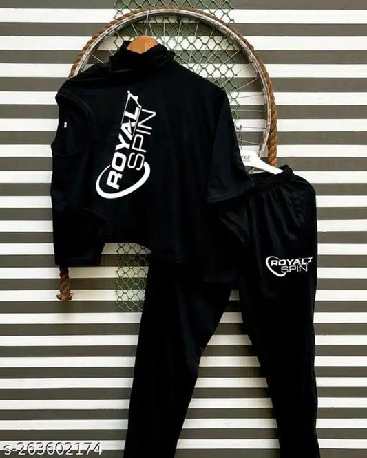 Men's Printed Black Polyester Track Suit with T-Shirt & Joggers